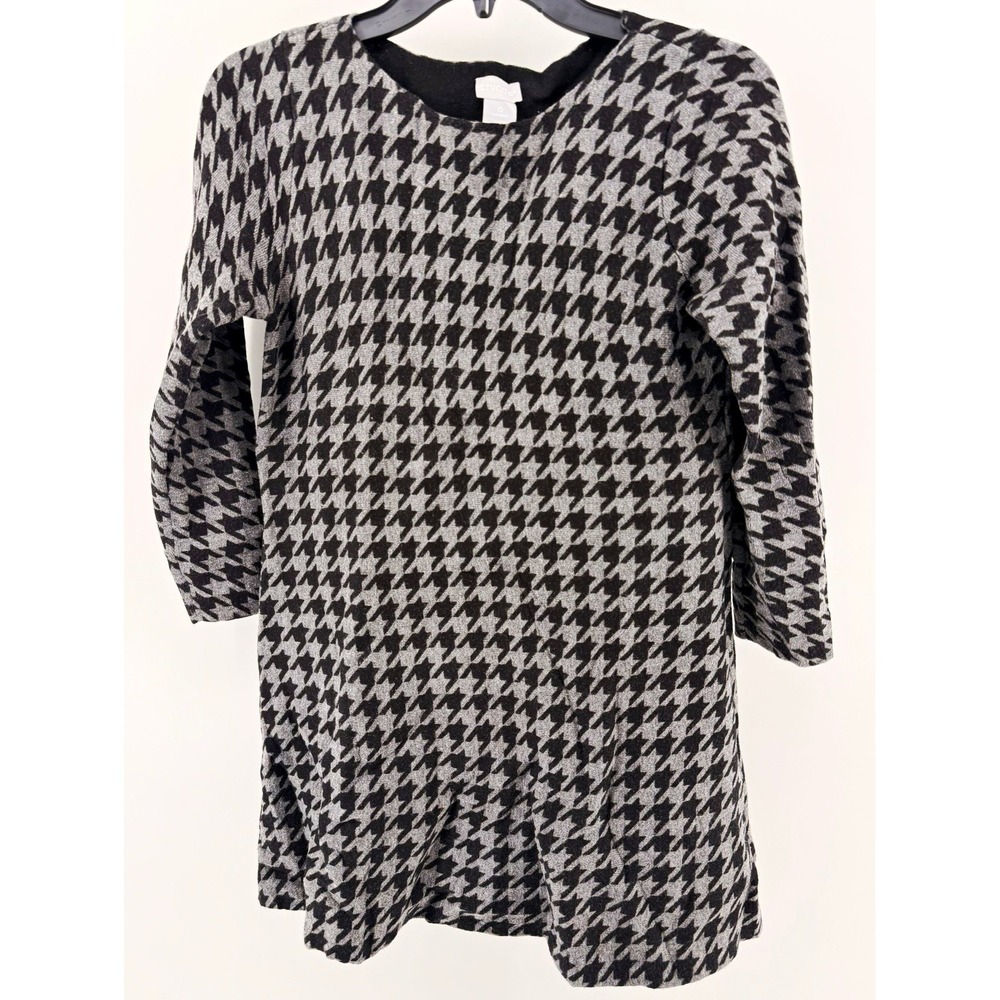Chico's Women's Houndstooth Knit Tunic Top Black Gray 3/4 Sleeve Size 0